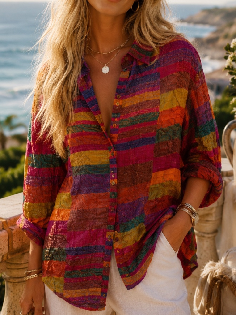 Ritu Kumar Womens Viscose Blouse Boho Colorful Long Sleeve XL Lightweight
